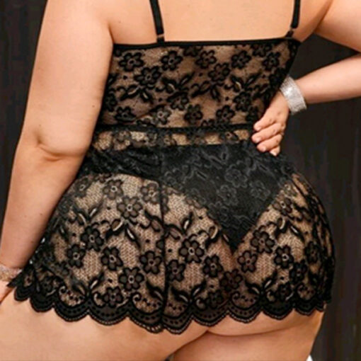 2 Piece Black Lace Cut-out & Silk Underwire Slip & Thong