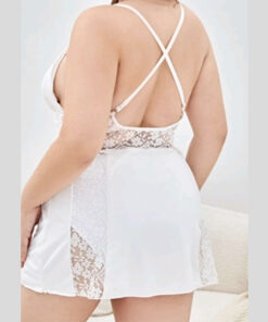 White 2 Piece Lace & Silk Set with Thong